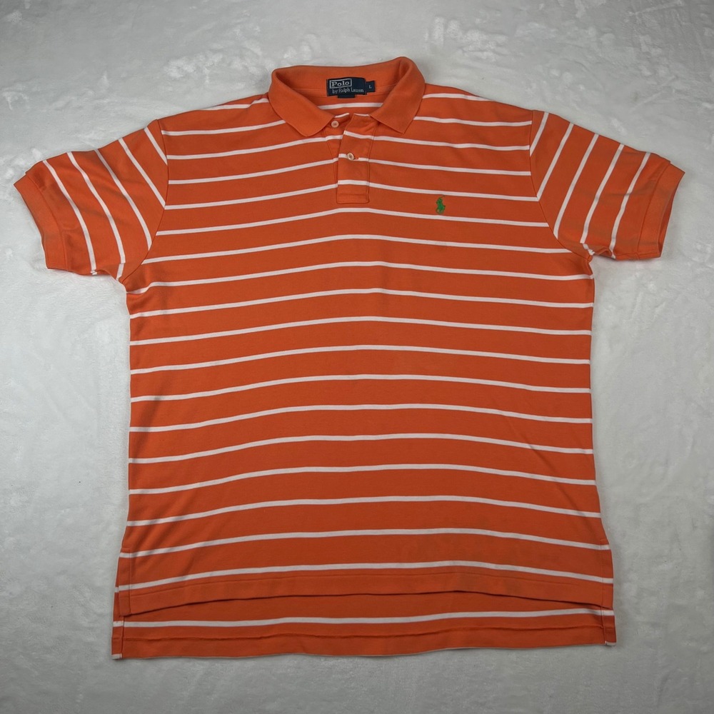 Polo Ralph Lauren Mens (L) Orange White Striped Short Sleeve Chunky Cotton 90's